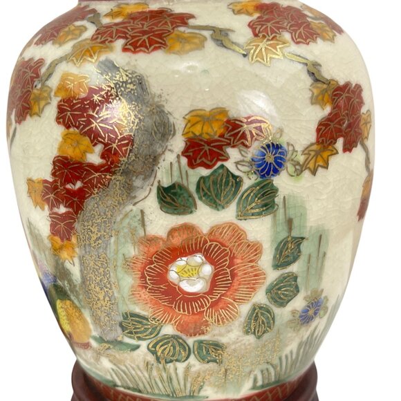 Antique Style Hand Painted Porcelain Table Lamp With Floral Pattern & Wooden Bas - Picture 4 of 11